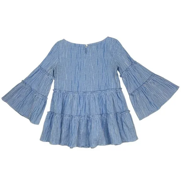 Sara Campbell Ruffle Tiered Tunic Top Blouse S Blue Gingham Bell Sleeve - Picture 13 of 14